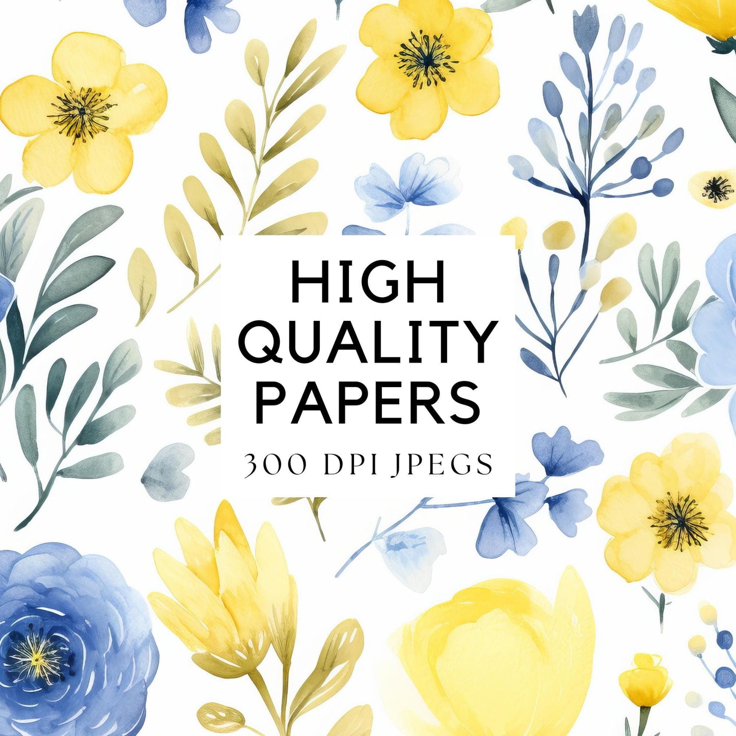 Dusty Blue Floral and Lemon Digital Papers