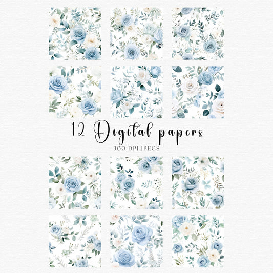 Dusty Blue Floral Digital Papers