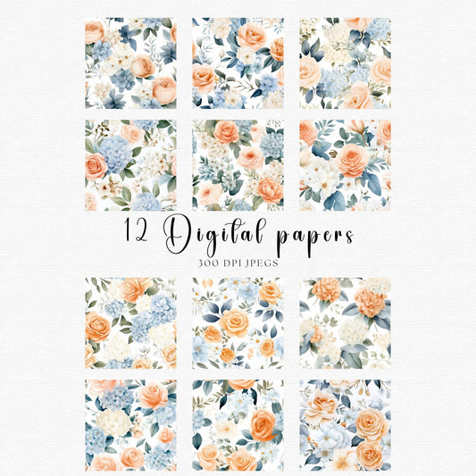 12 digital papers with flowers and leaves