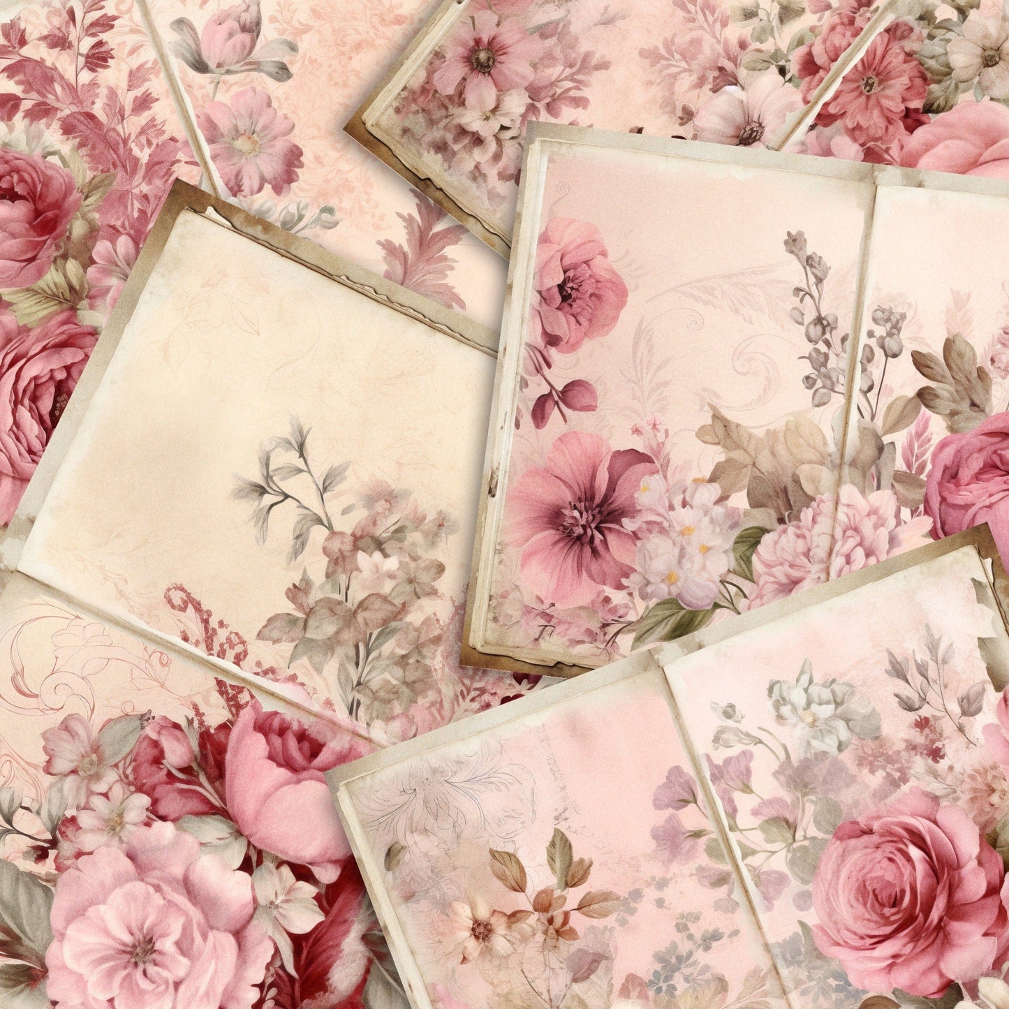 Dusty Pink Floral Junk Journal Pages | Floral 6 Digital Journal Pages | Dusty Pink Scrapbook | Digital Papers | US Paper Size | JJ002