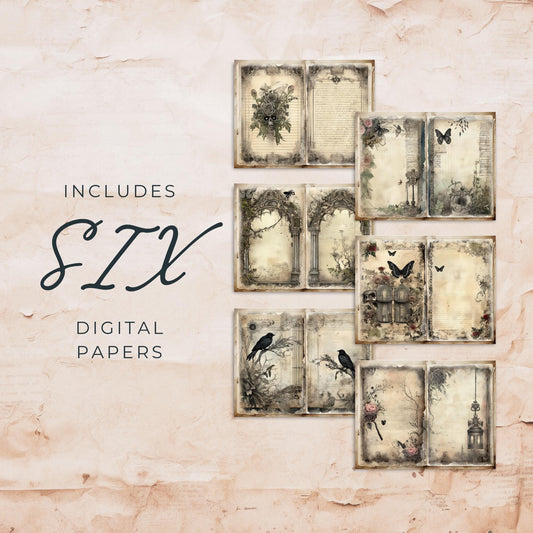 Páginas de diario basura de jardín gótico | 6 páginas de diario digital floral | Álbum de recortes gótico | Álbum de recortes gótico | Tamaño de papel EE. UU. | JJ038