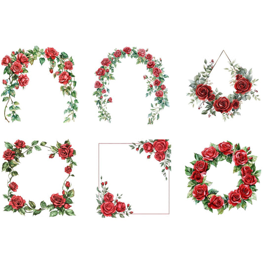 Clipart de marco floral de rosa roja en acuarela