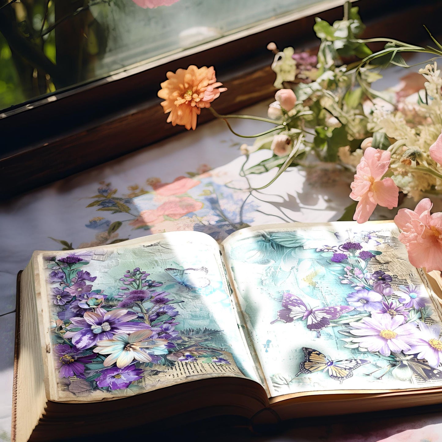 Páginas de diario basura con flores moradas y verde azulado, vol. 3