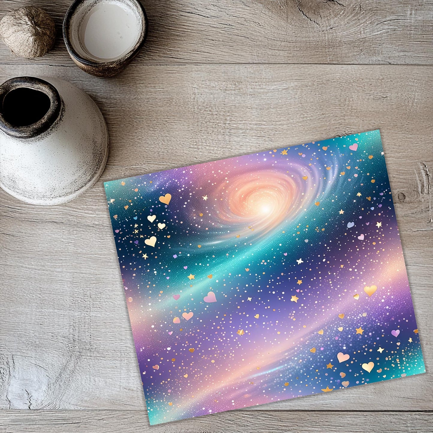 a painting of a spiral galaxy with hearts