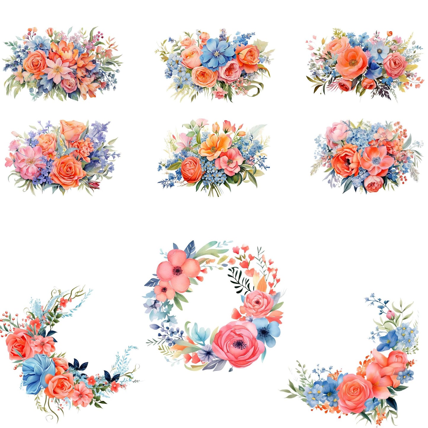 Vibrant Coral and Blue Floral Clipart