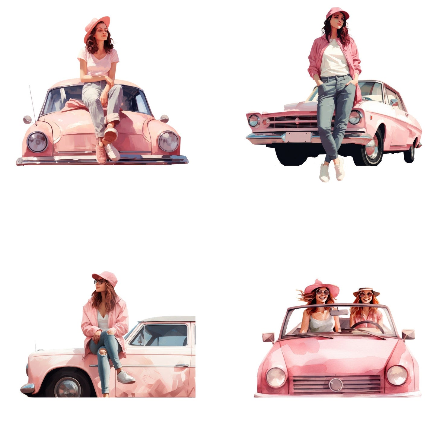 Watercolor Pink Road trip girl clipart