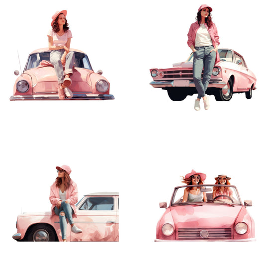 Watercolor Pink Road trip girl clipart