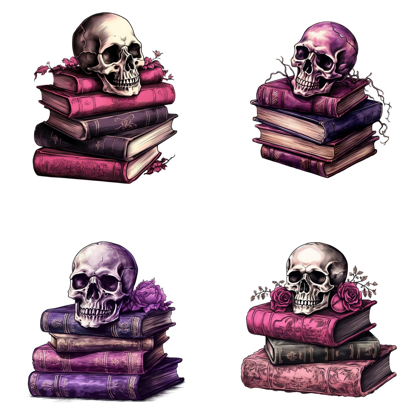 Watercolor Skulls with Books Clipart