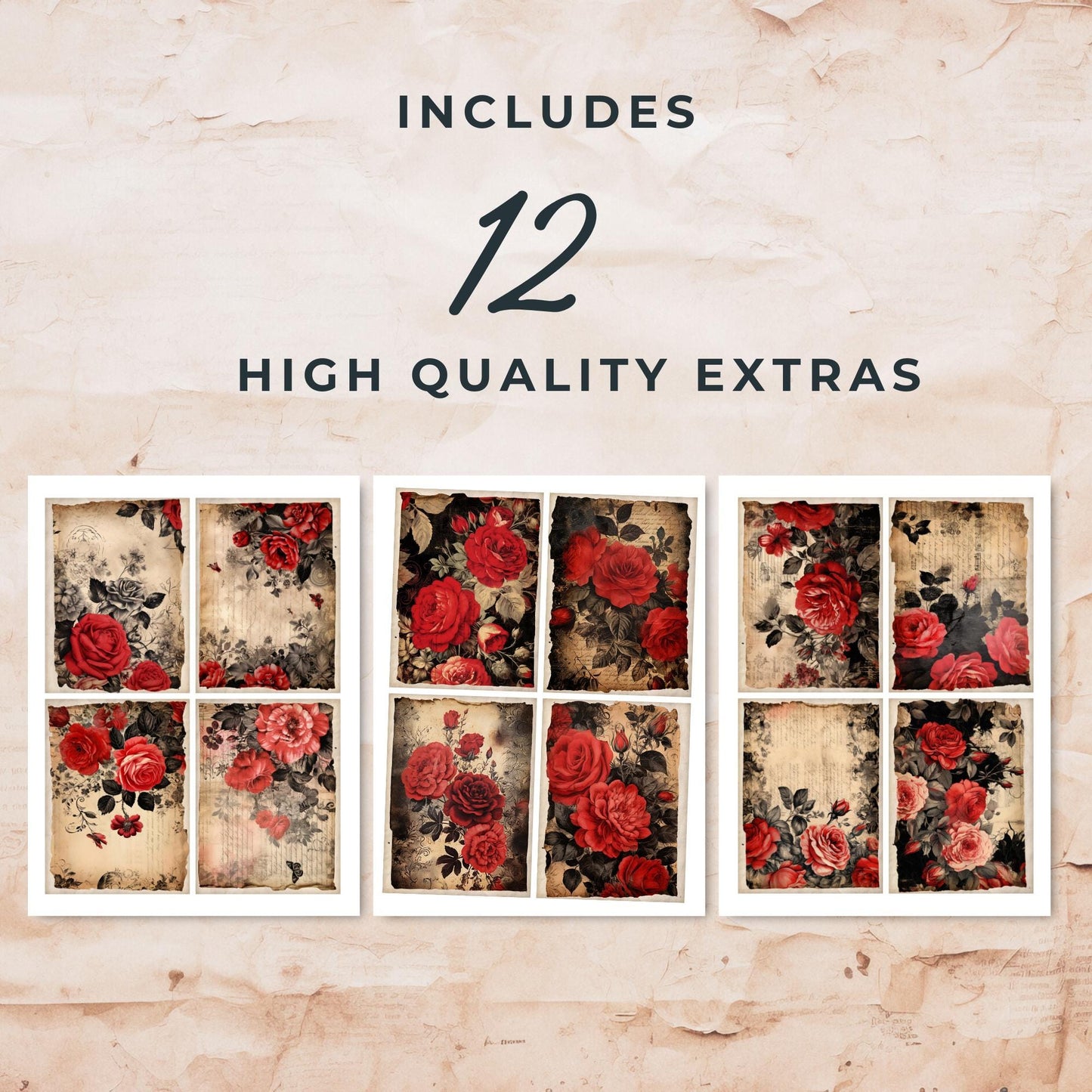 Red and Black Floral Junk Journal Cards