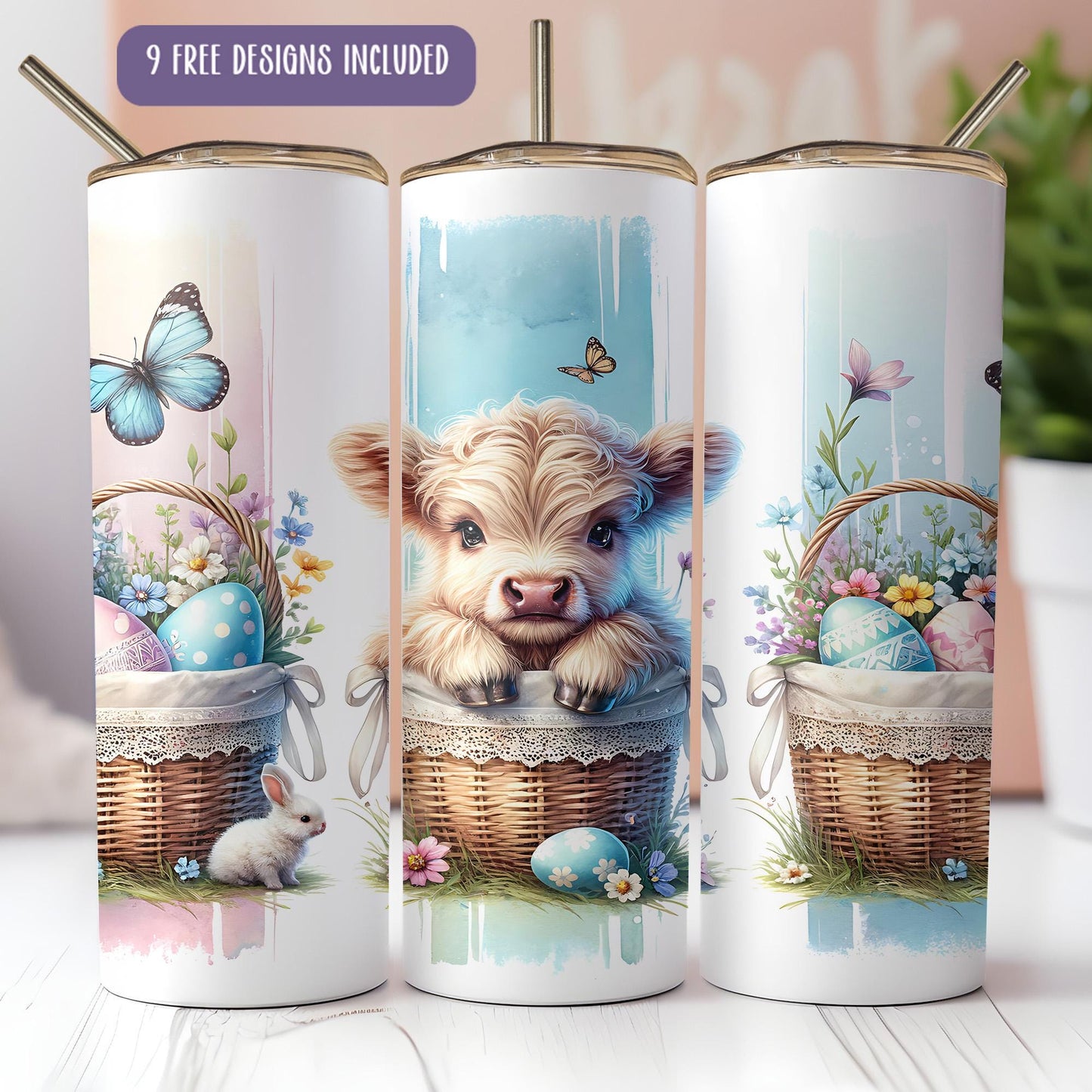a set of three coffee mugs with a picture of a dog in a basket