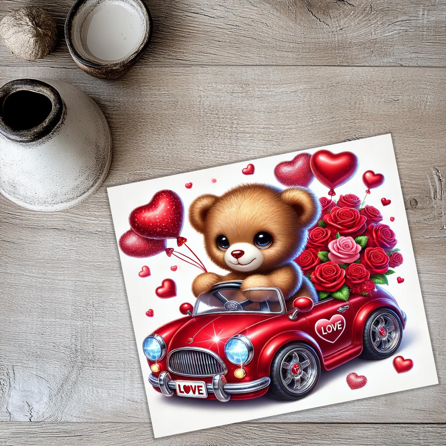 a picture of a teddy bear driving a red car