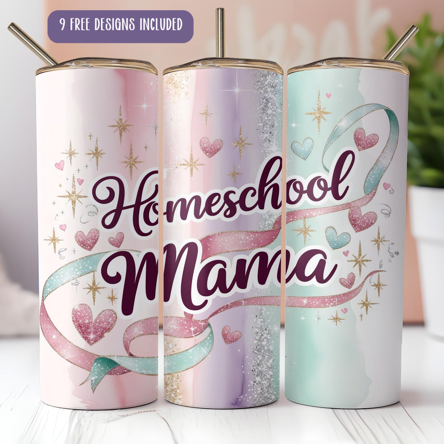 three personalized tumbles with the words homeschool mama on them