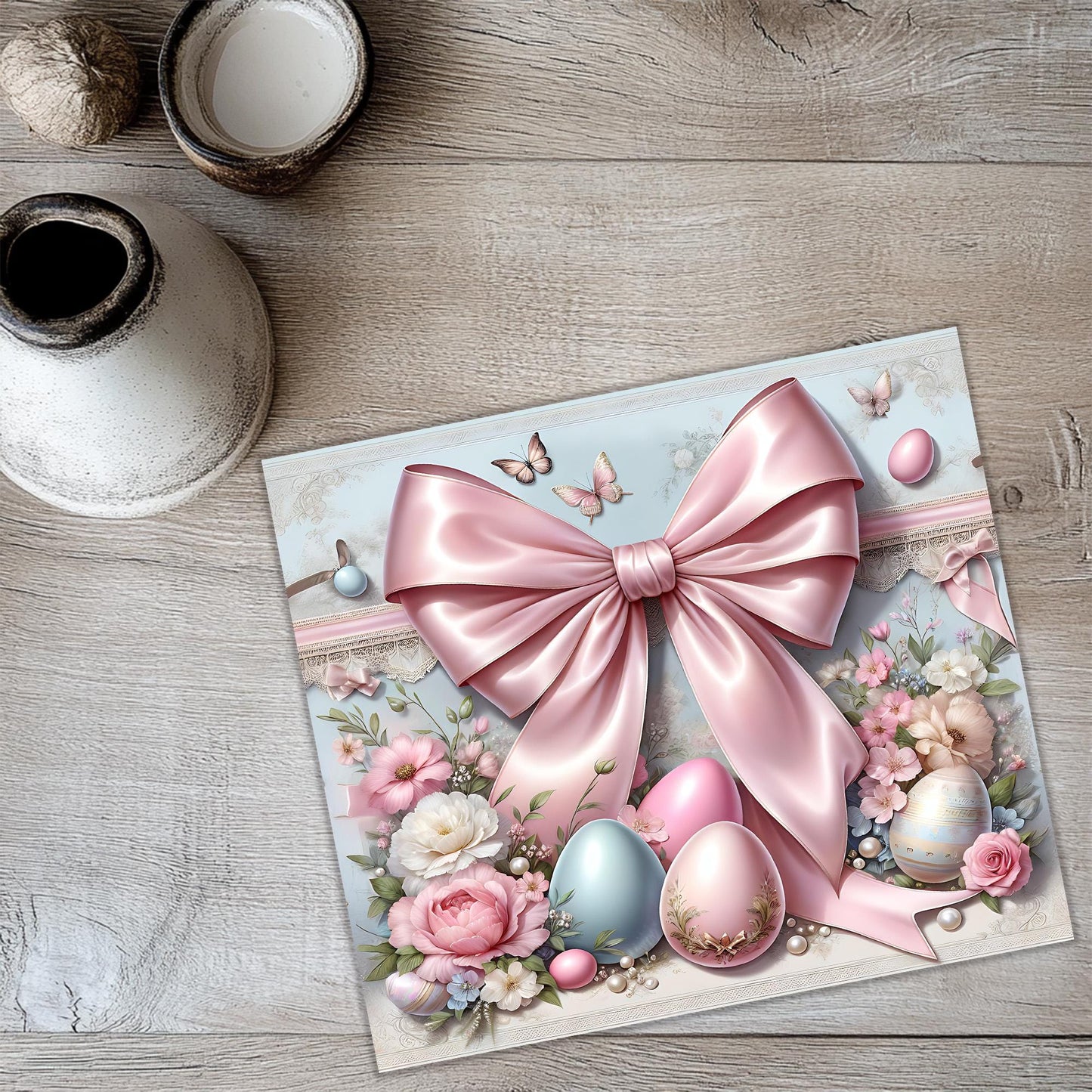 a card with a pink bow and eggs on it