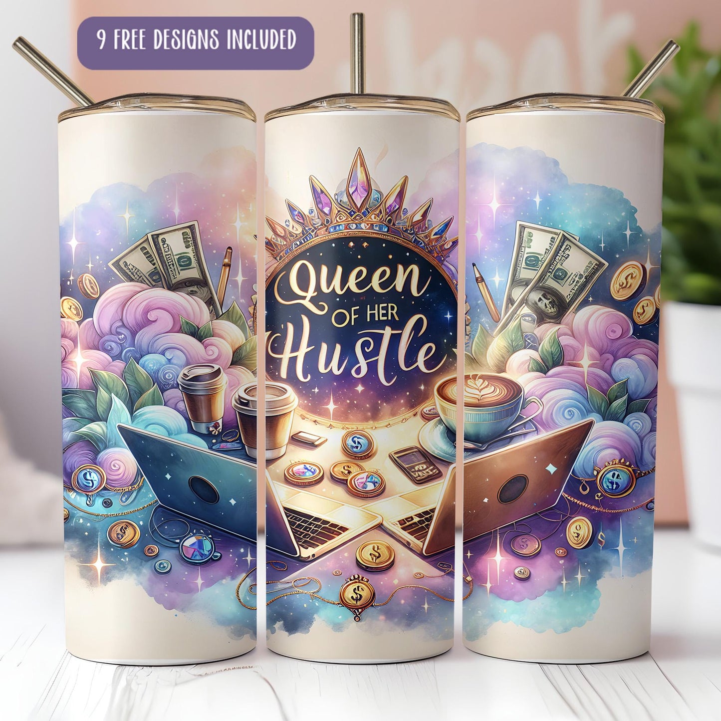 a set of three travel mugs with the words queen of her hustle on