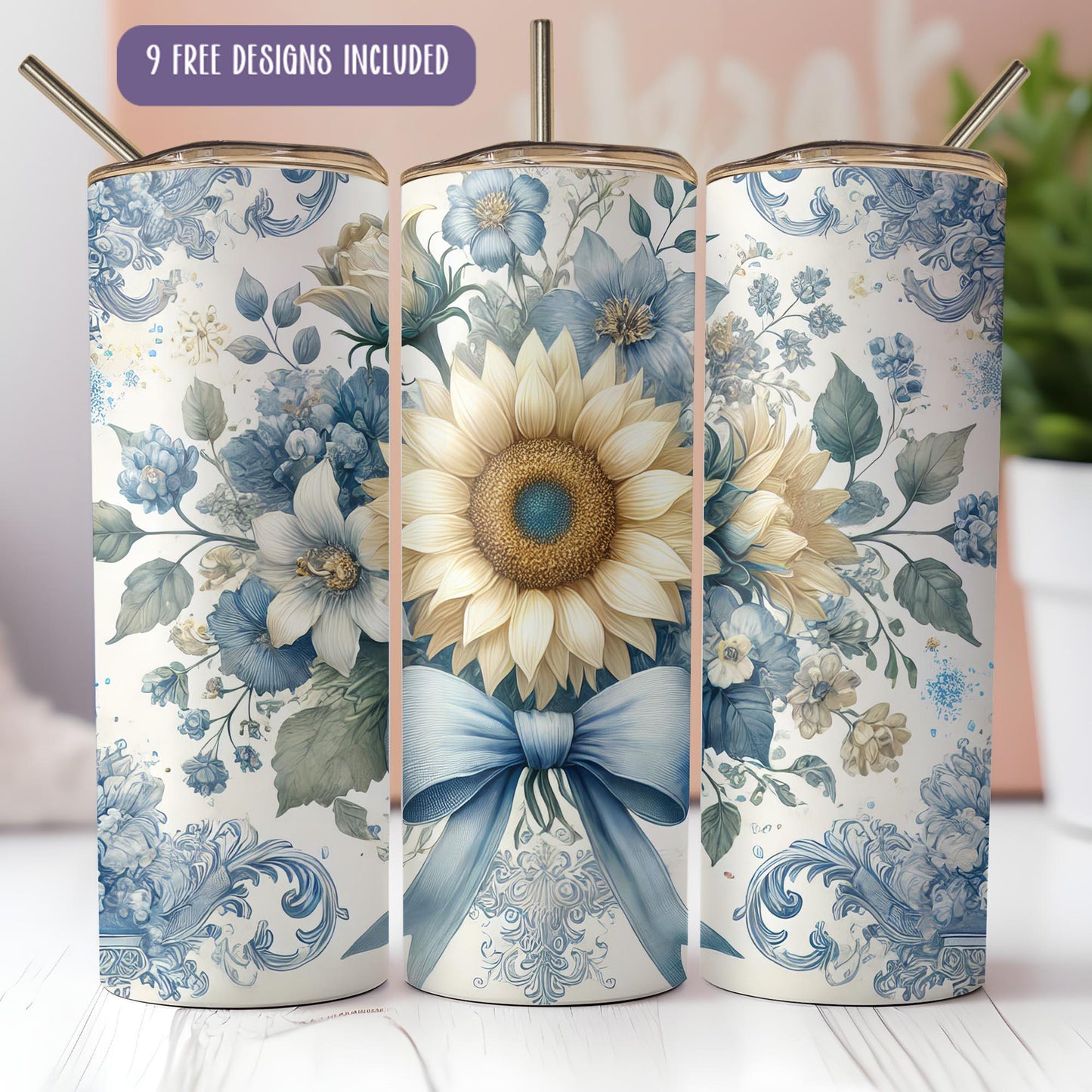 a set of three vases with a sunflower painted on them