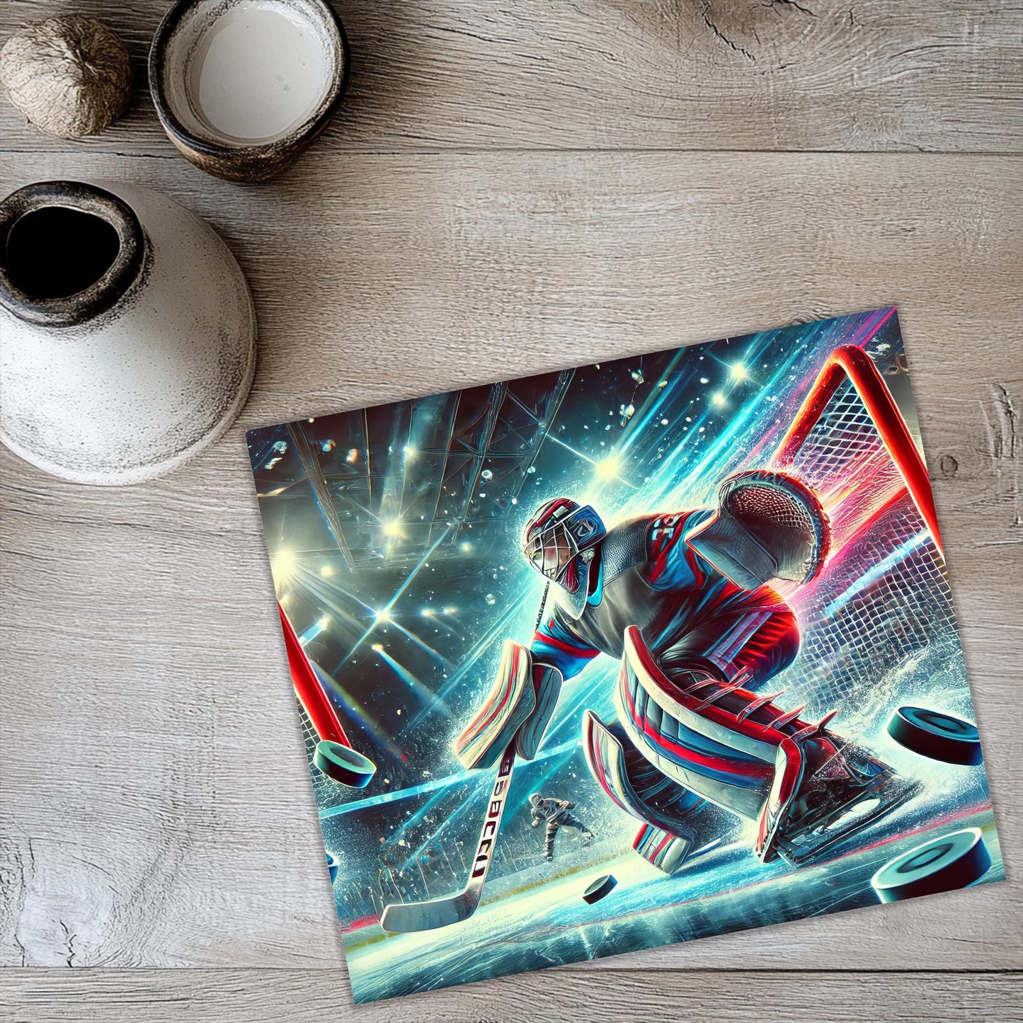 a painting of a hockey player on a wooden floor