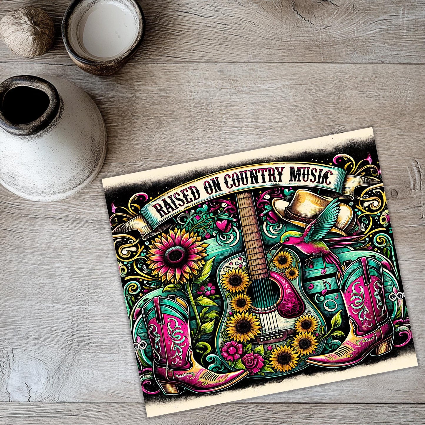 a card with a guitar and flowers on it