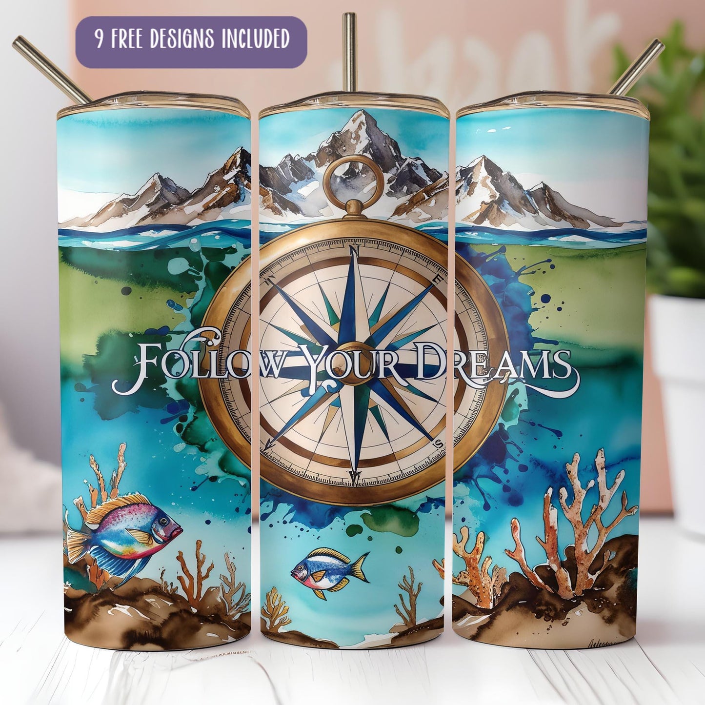 a set of three travel mugs with a picture of a compass