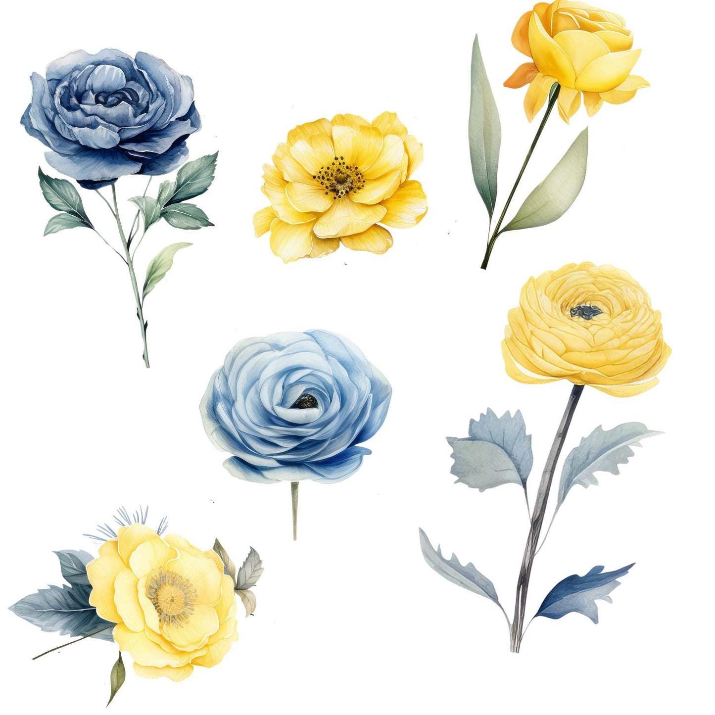 Dusty Blue and Lemon Floral Clipart