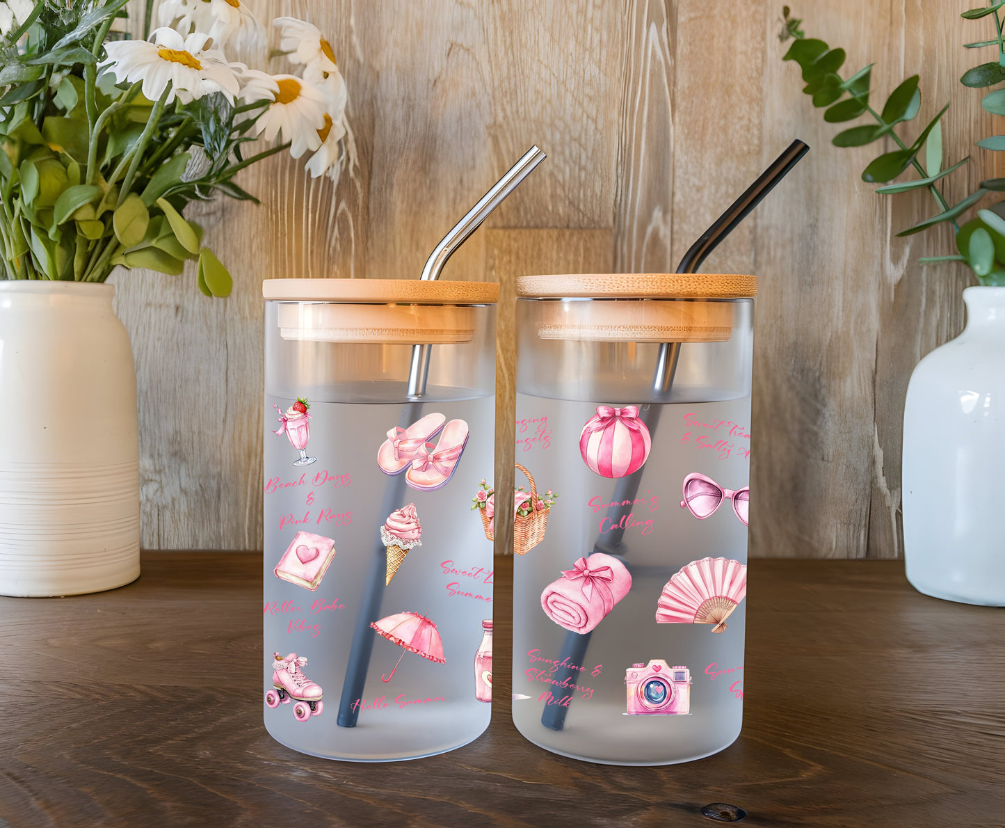 a couple of cups sitting on top of a wooden table