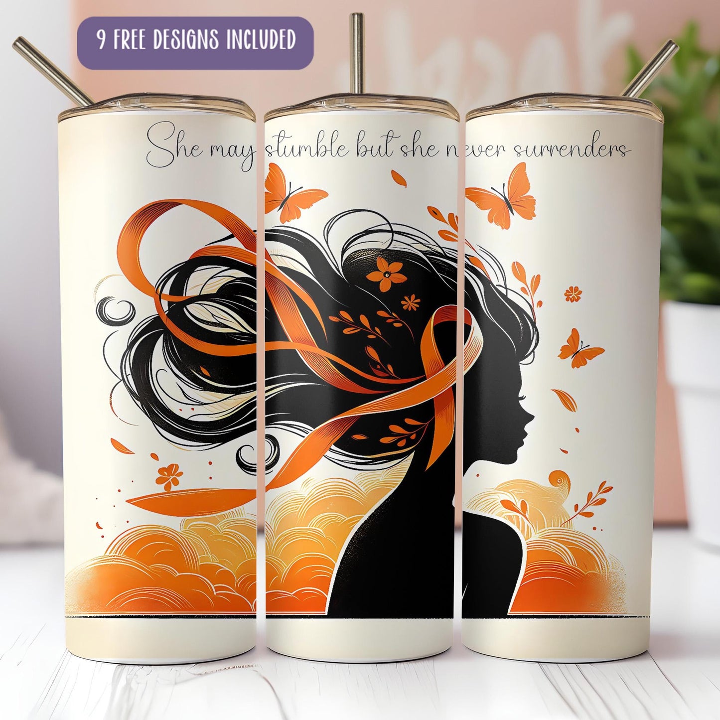 a set of three travel mugs with a woman's face on them