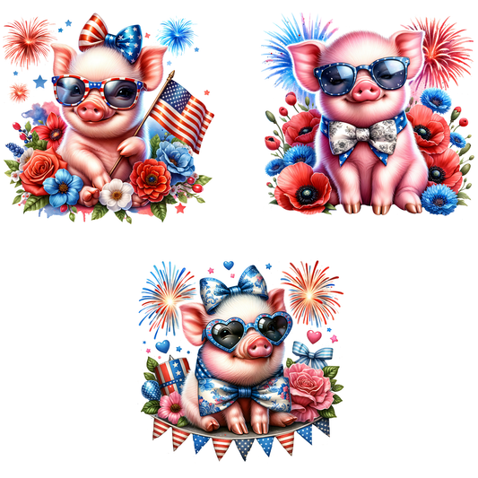 two pictures of pigs wearing sunglasses and flowers