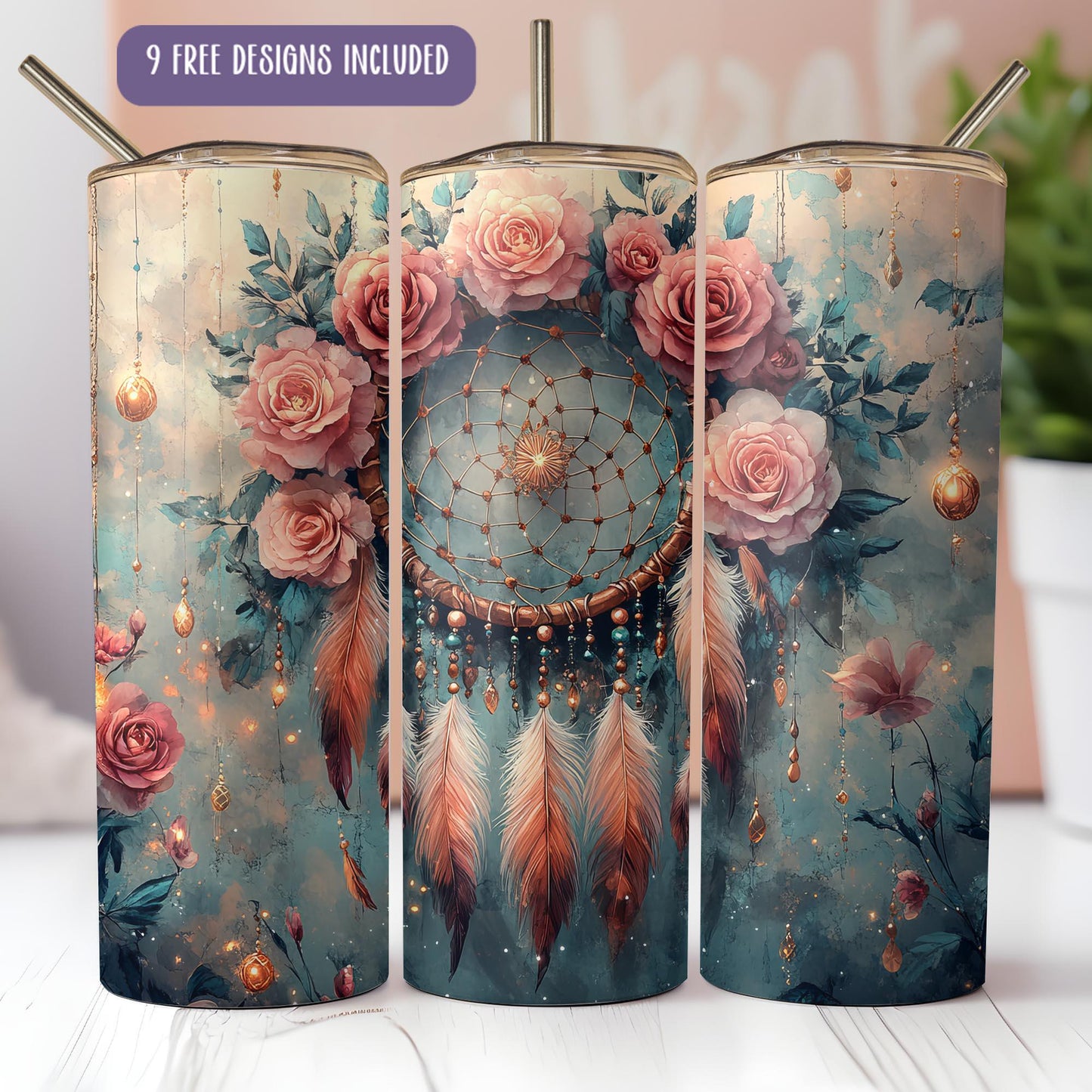 a set of three pink roses and a dream catcher on a blue background