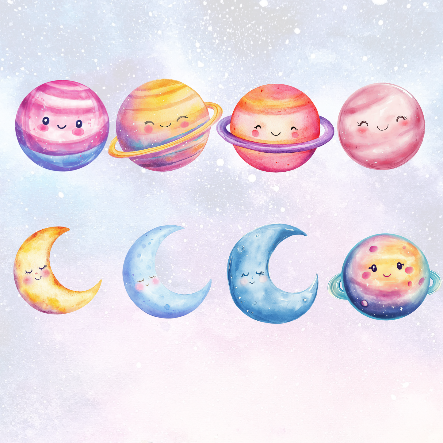 a group of planets with faces drawn on them