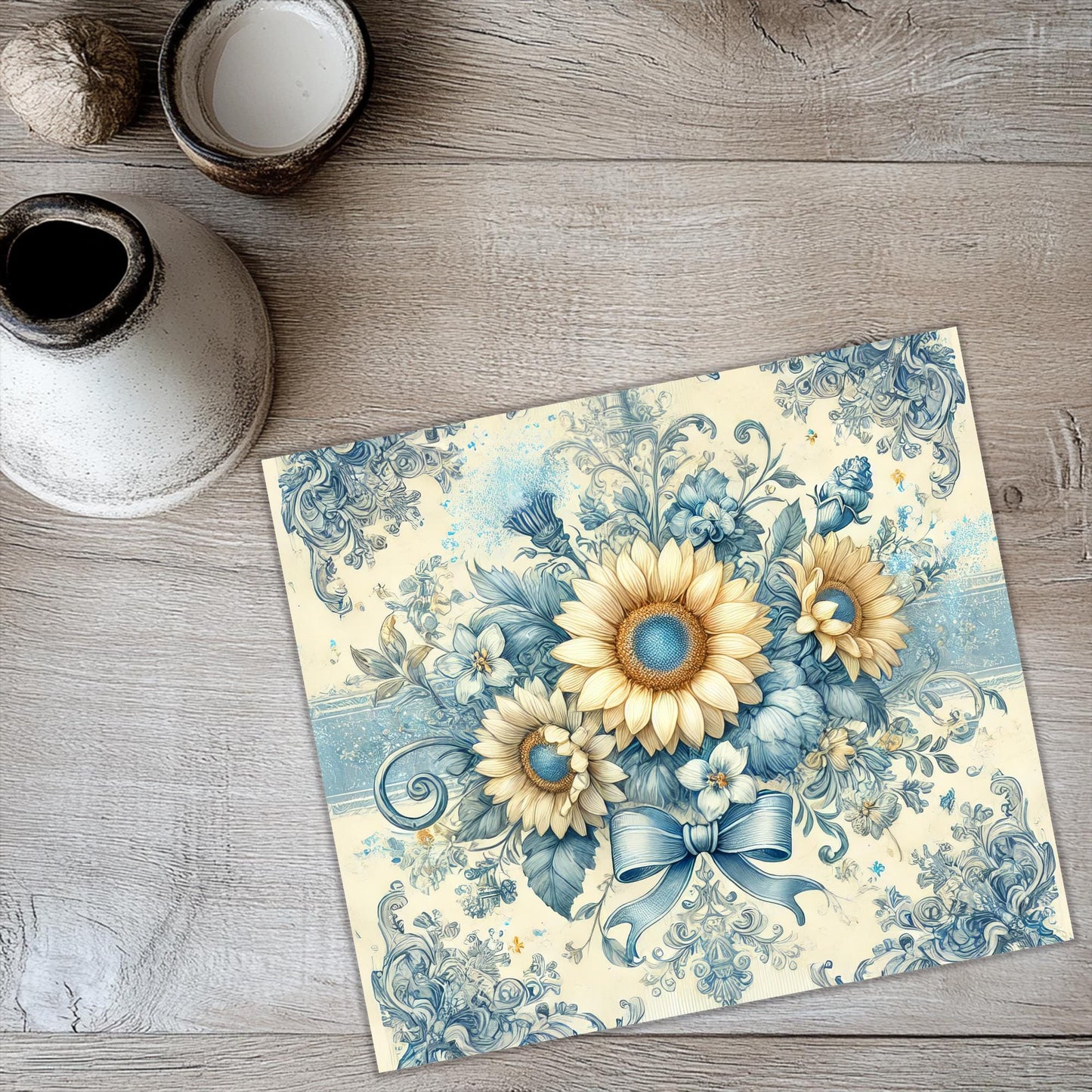 a picture of a sunflower on a blue and white background
