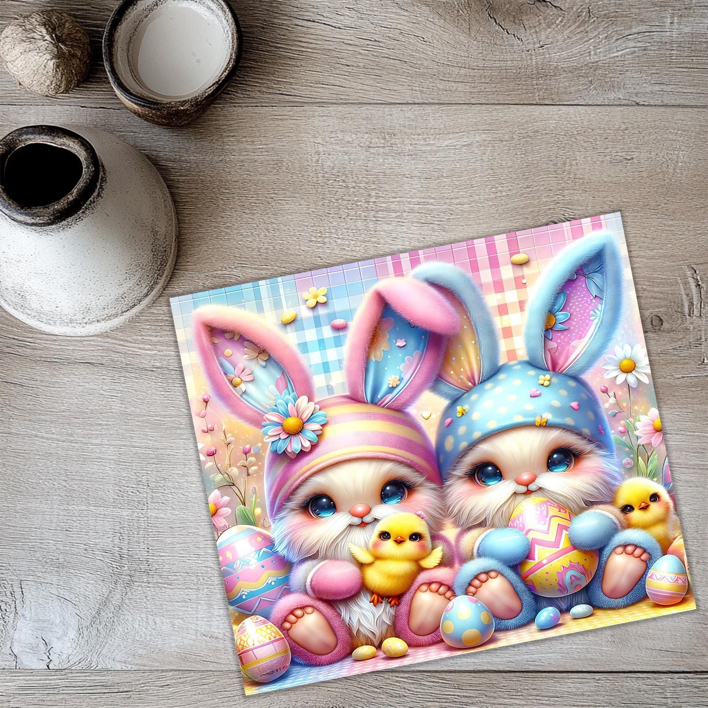 a painting of two rabbits with easter eggs