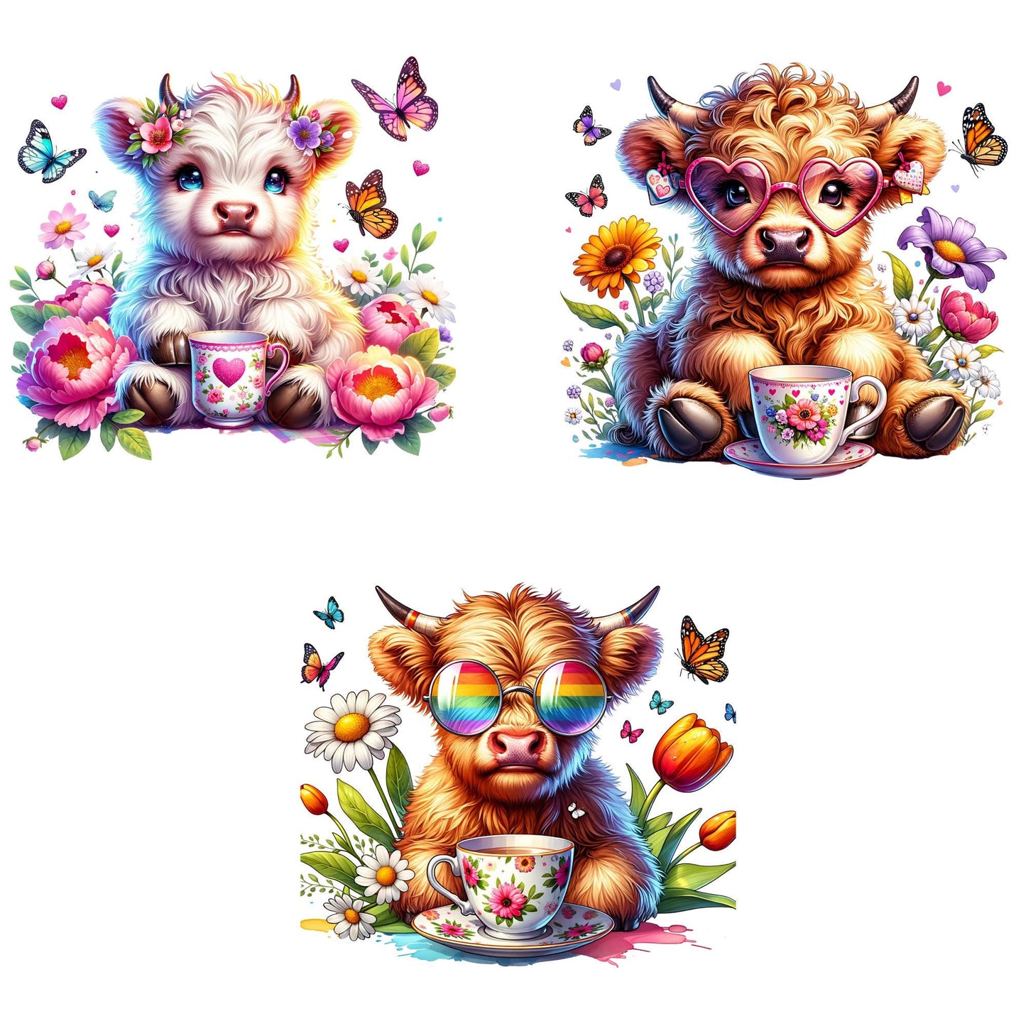 Watercolor Spring Highland Cow Clipart