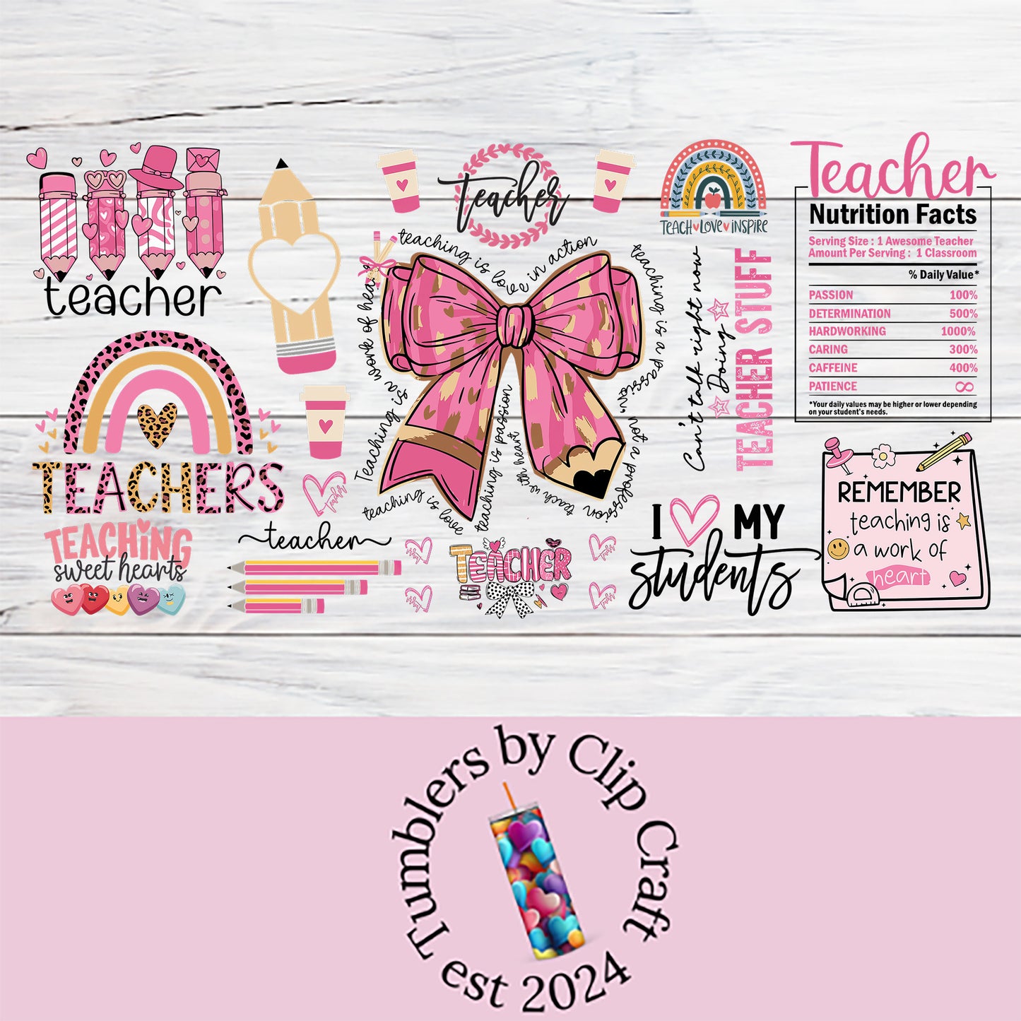 a teacher's sticker with a pink bow on it