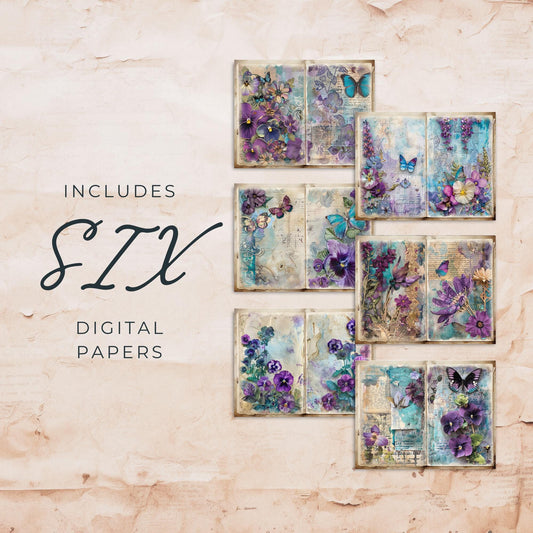 Purple and Teal Floral Junk Journal Pages Vol 4