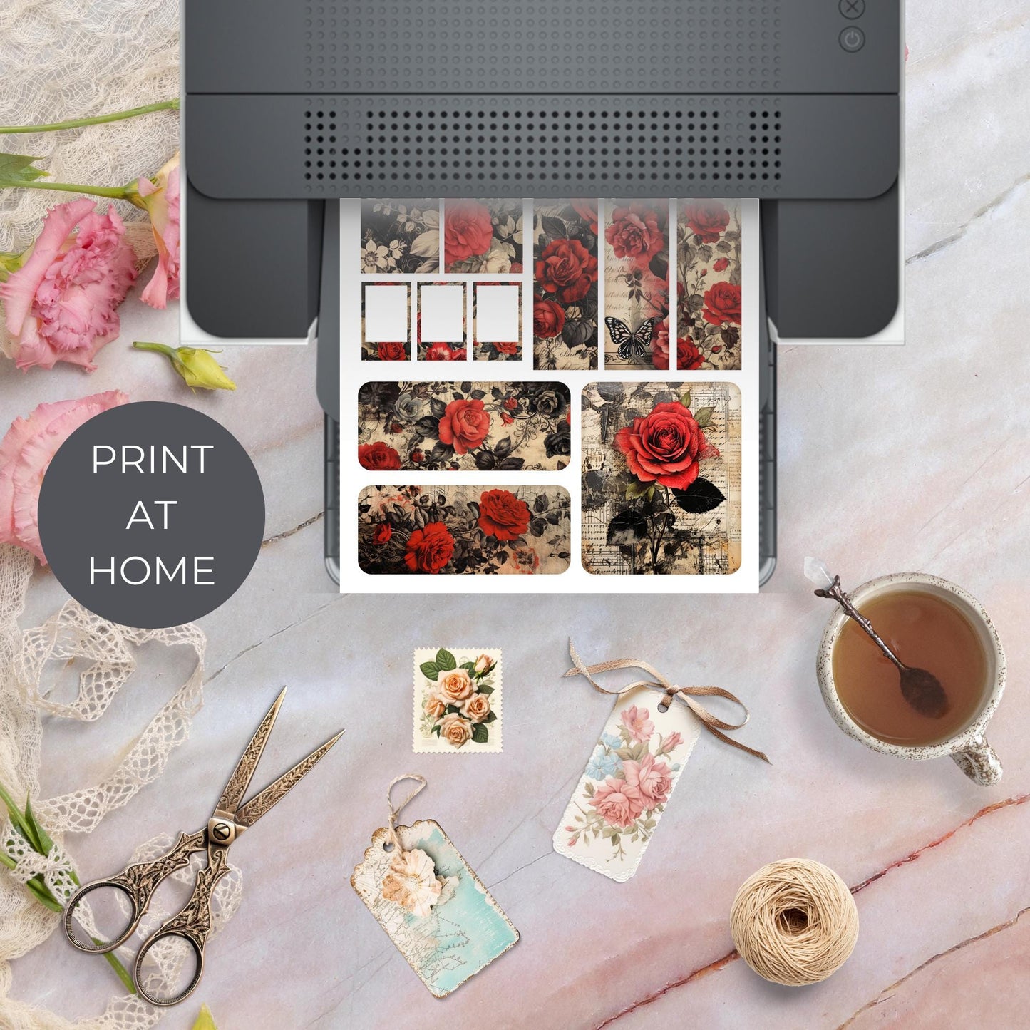 Red and Black Floral Junk Journal Ephemera