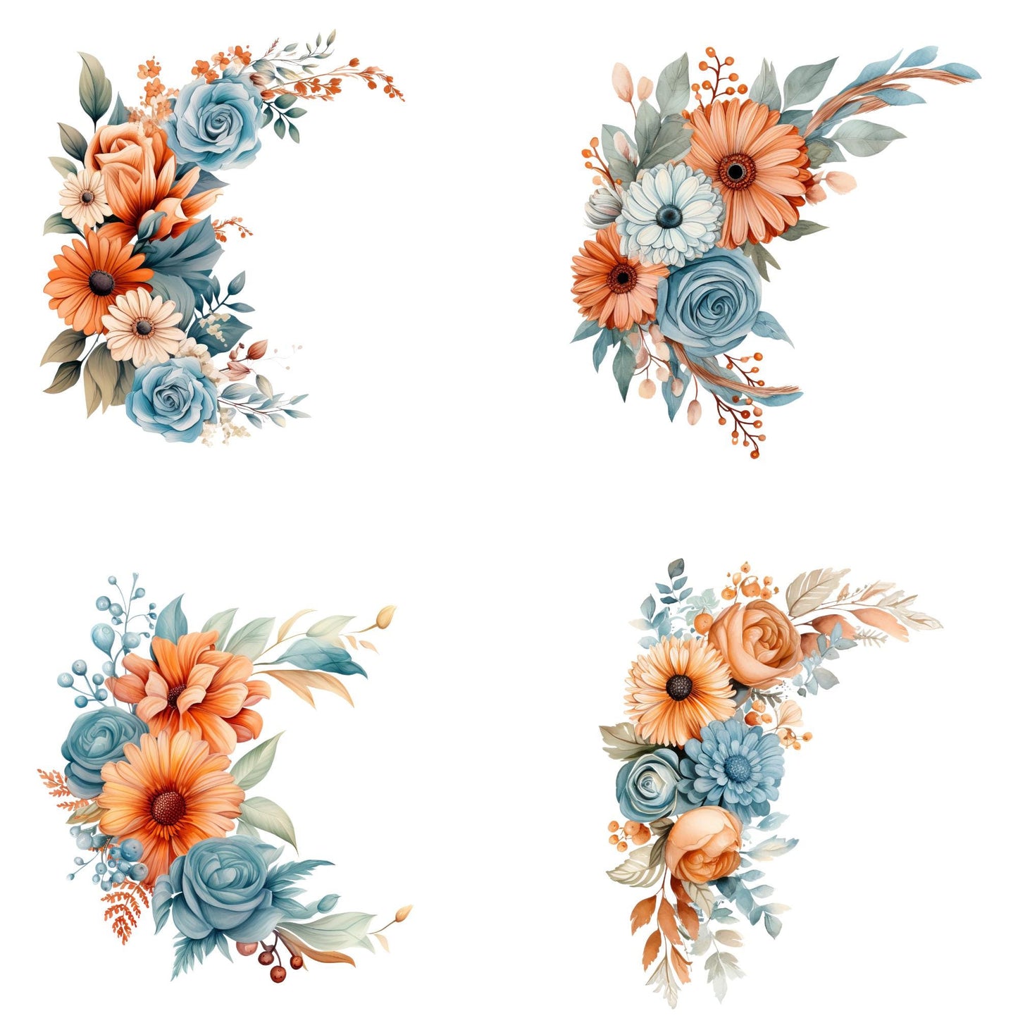 Rustic Terracotta & Dusty Blue Floral Clipart