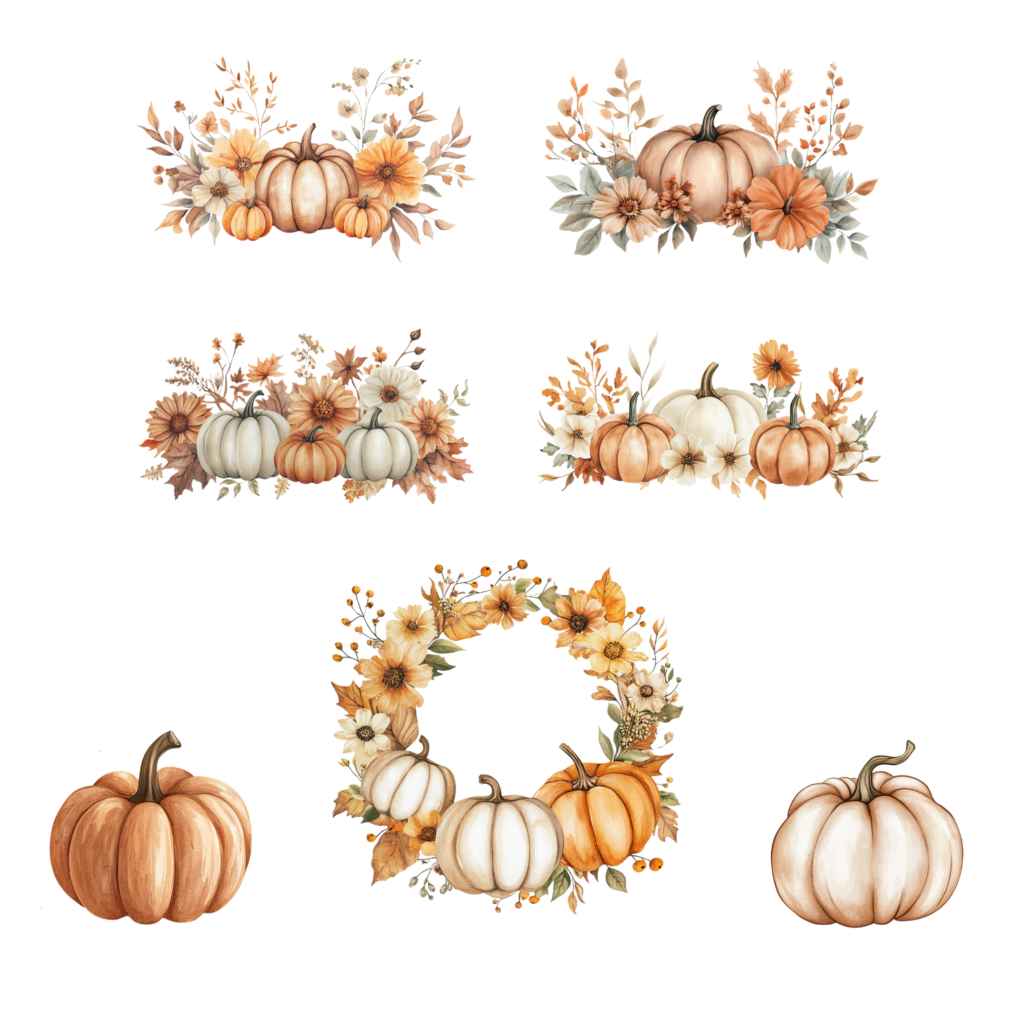 a set of watercolor pumpkins and flowers