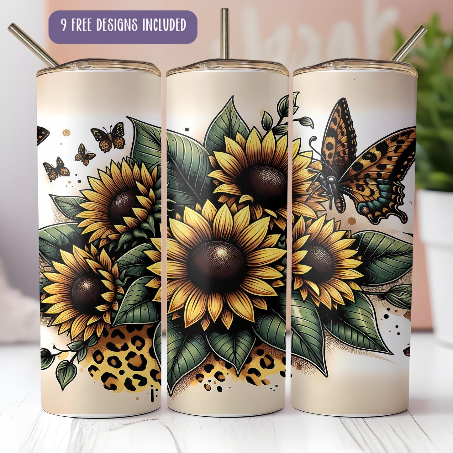 three sunflowers and a butterfly on a white background