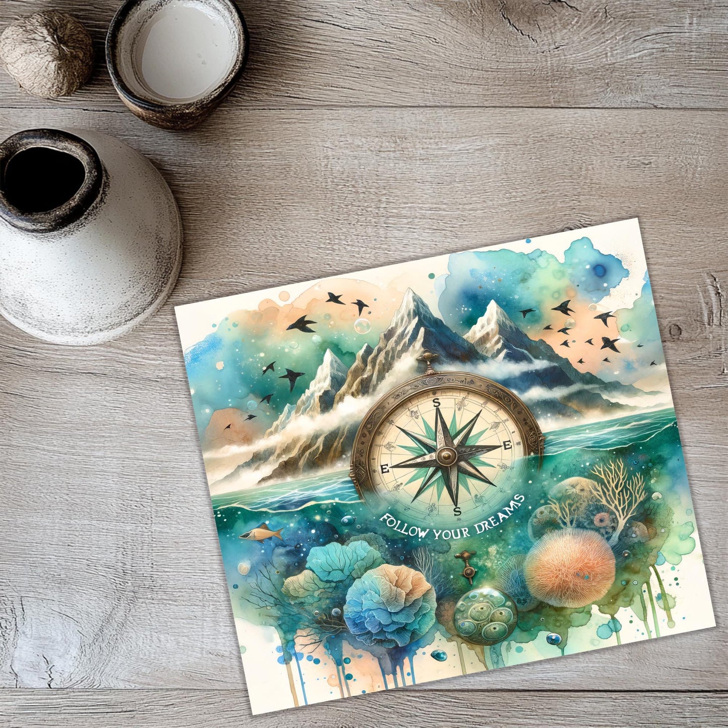a painting of a compass on a table
