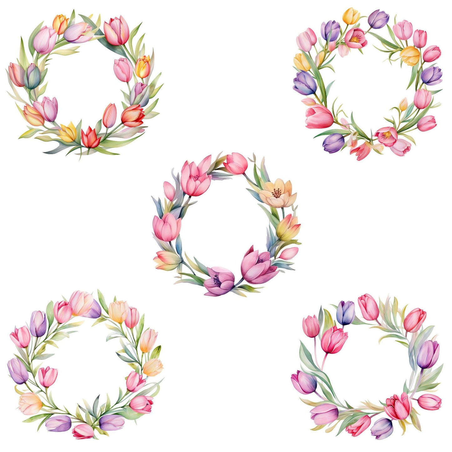 Watercolor Tulip Floral Wreath Clipart