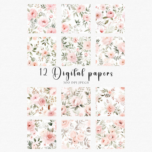 Papeles digitales florales en acuarela rosa ruborizado