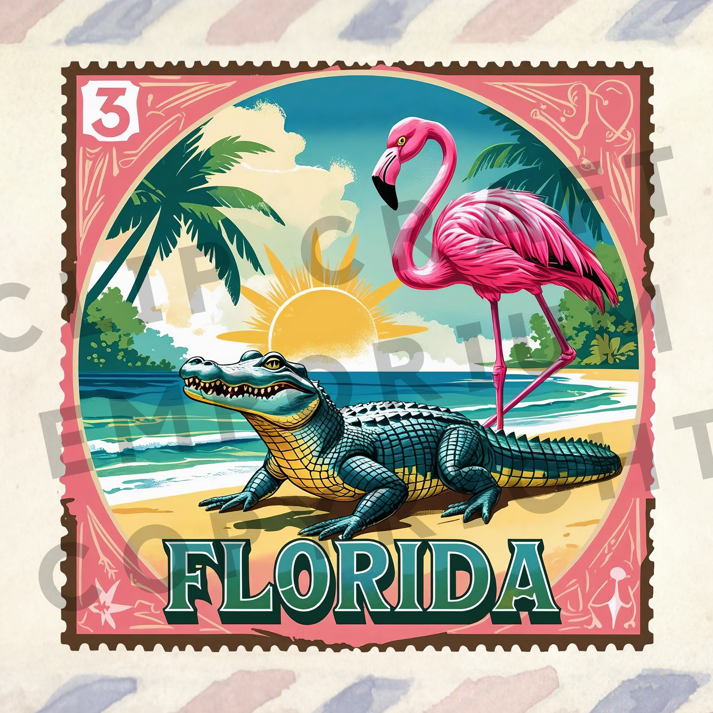 a stamp with a flamingo and a crocodile on it