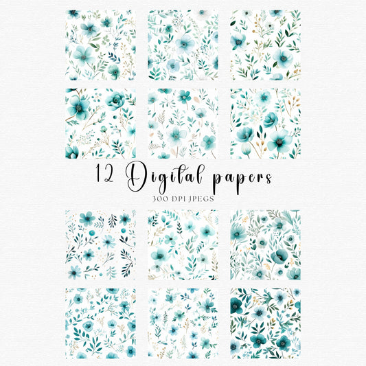 Papeles digitales florales verde azulado