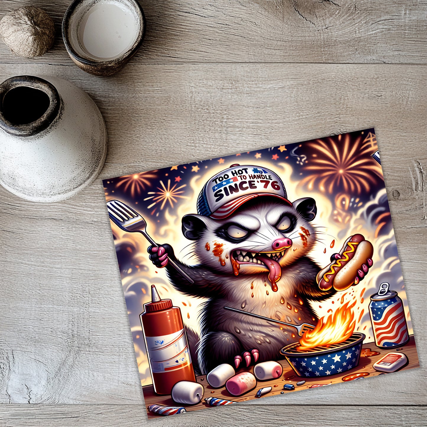a picture of a raccoon eating a hot dog