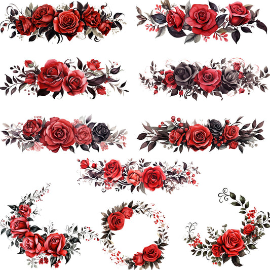 Watercolor Red and Black Floral Clipart