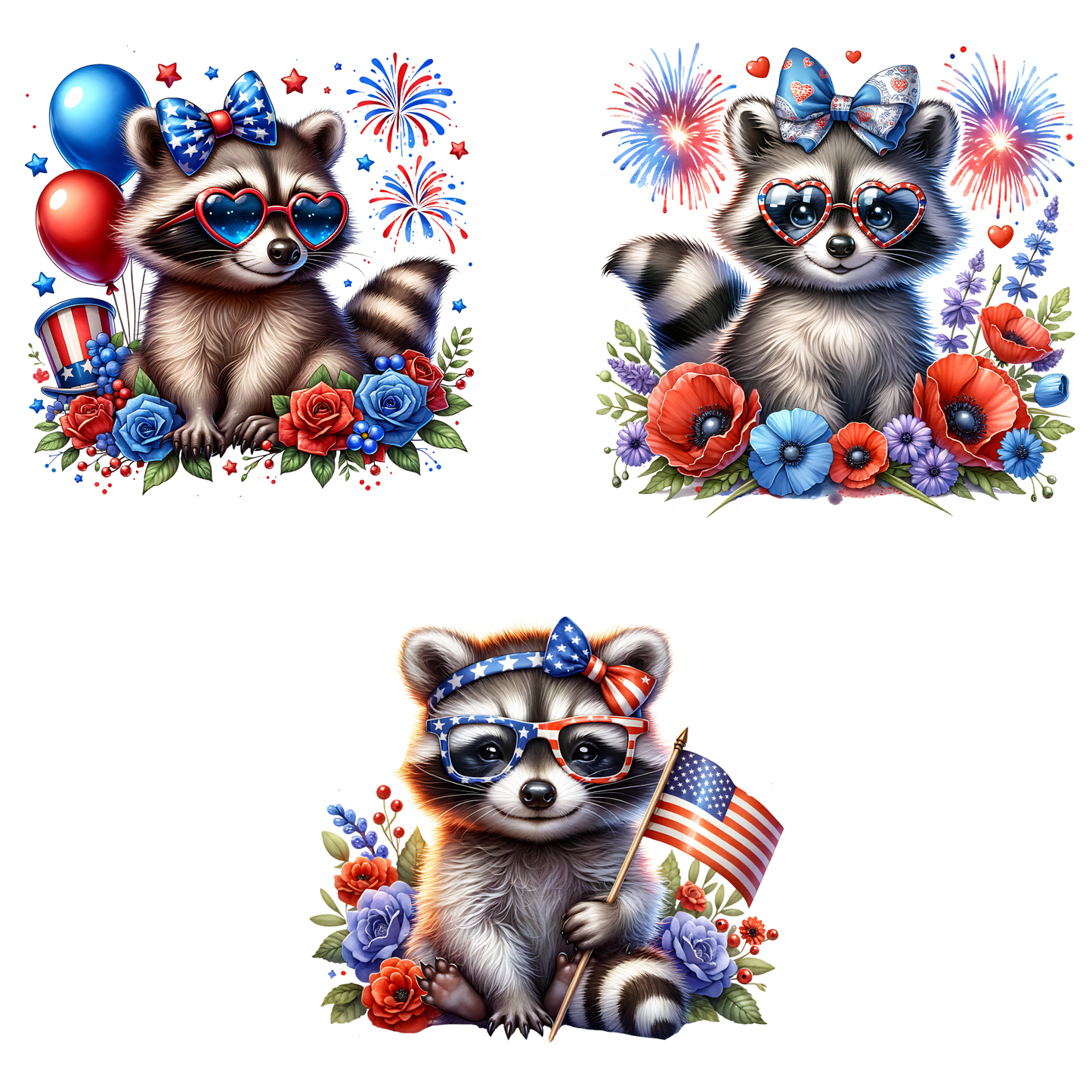 two pictures of a raccoon wearing patriotic glasses