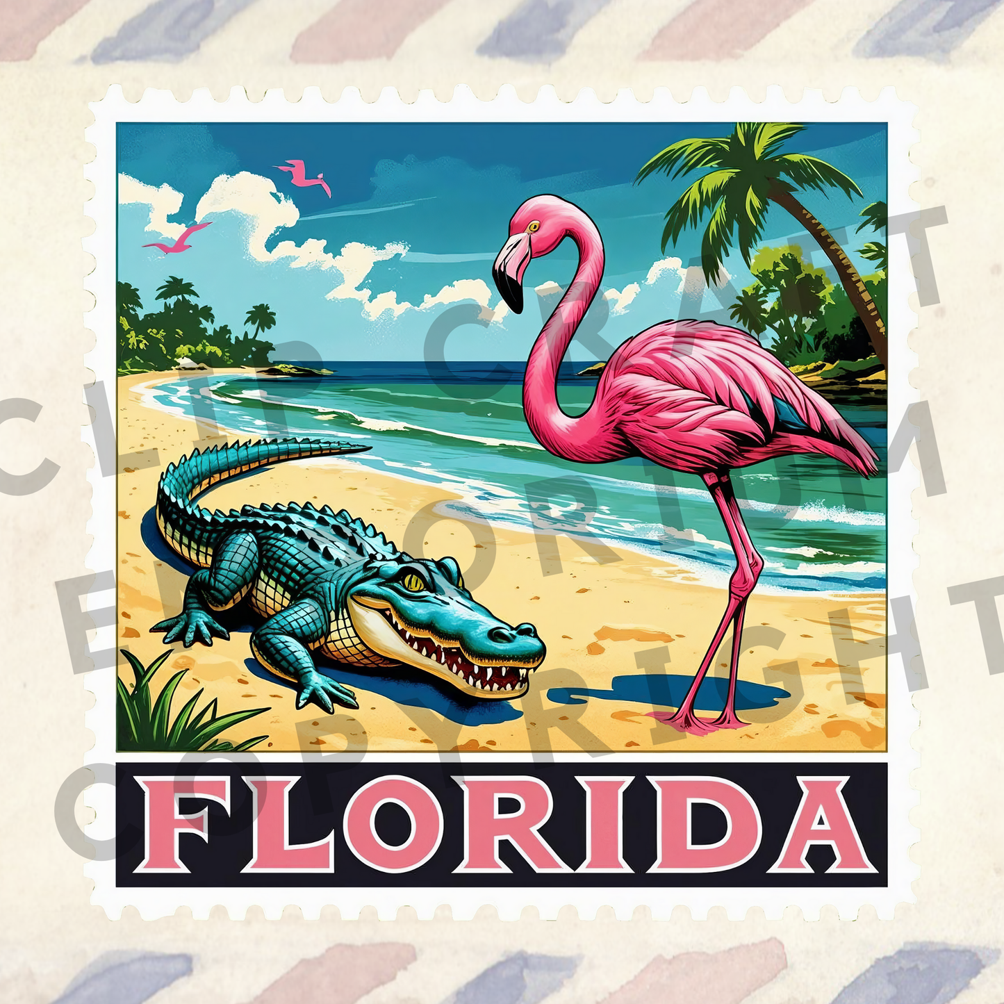 a picture of a pink flamingo and an alligator on a beach