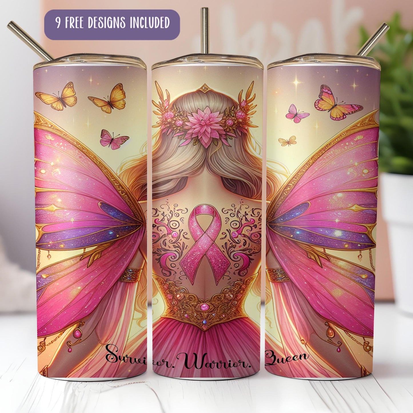a set of three travel mugs with a picture of a girl with a pink