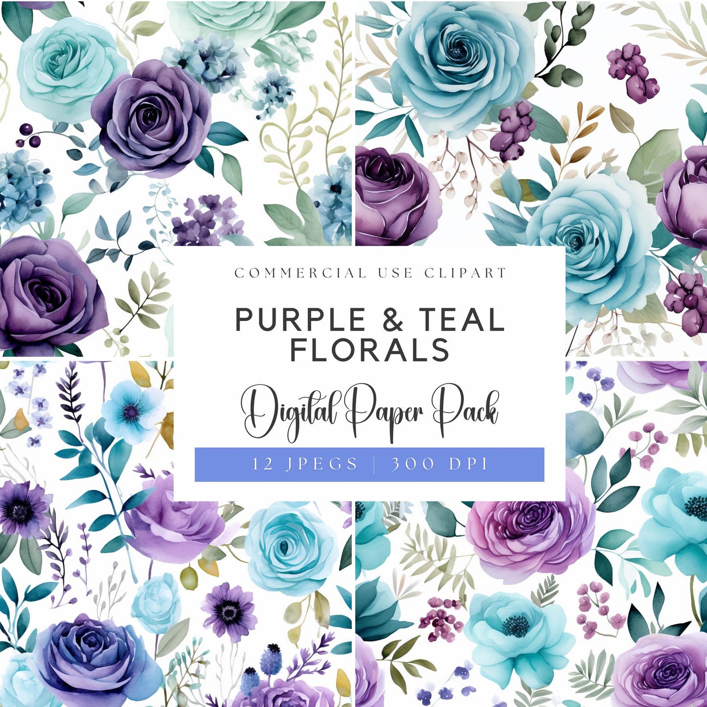 Purple & Teal Floral Digital Papers