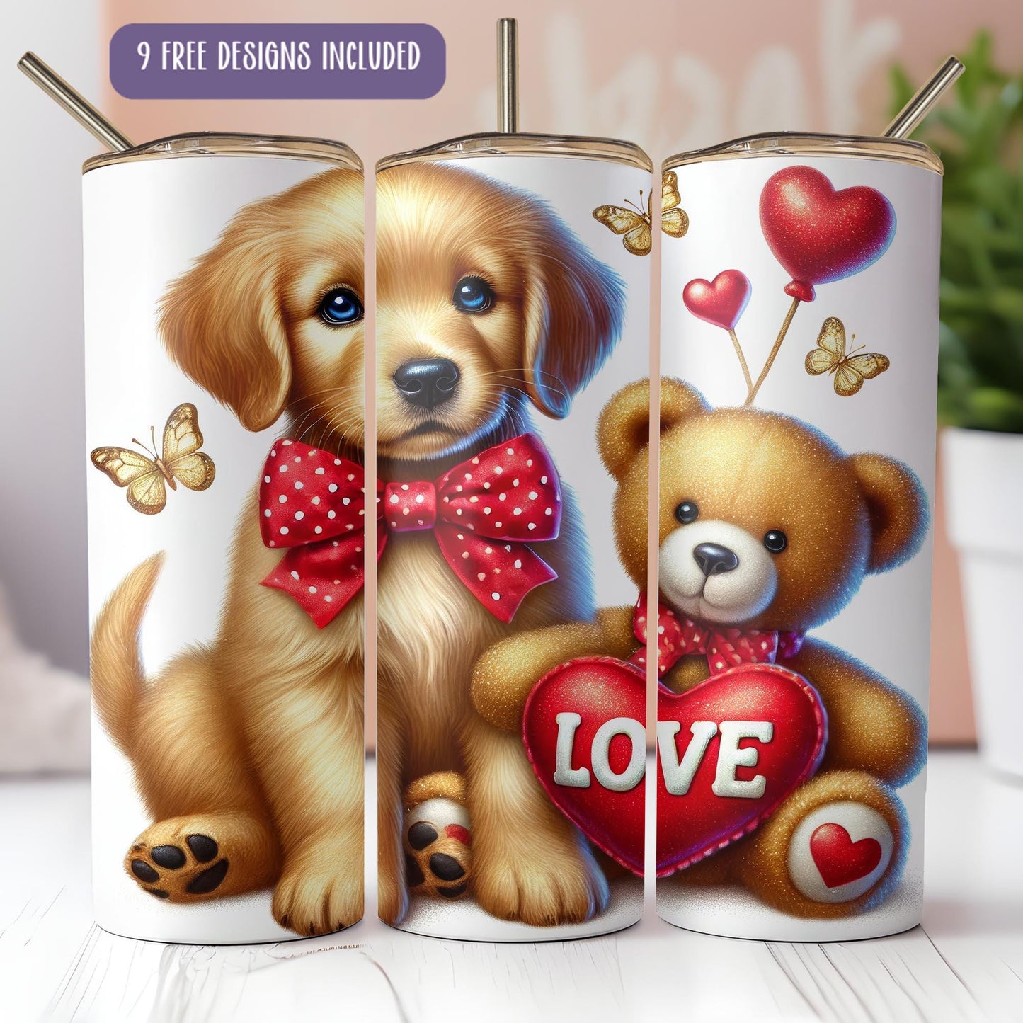 a picture of a dog with a heart and a teddy bear