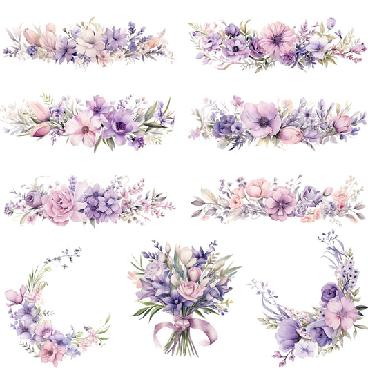 Clipart floral en tonos lavanda suave y ruborizado